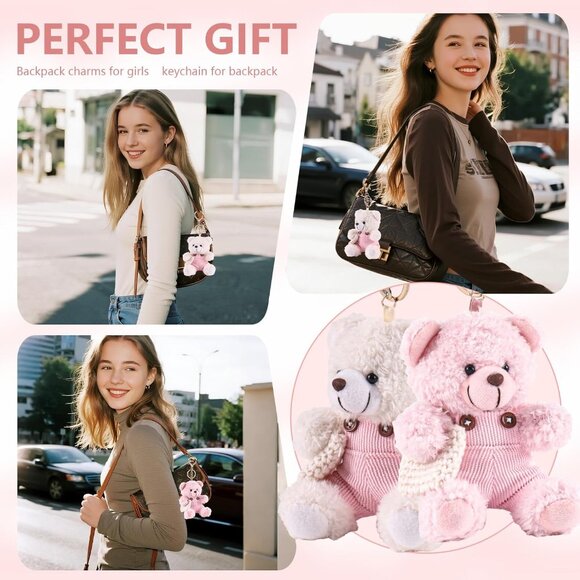 Pink Plush Teddy Bear Bag Charm Keychain for Backpack Purse Gifts - Picture 6 of 6